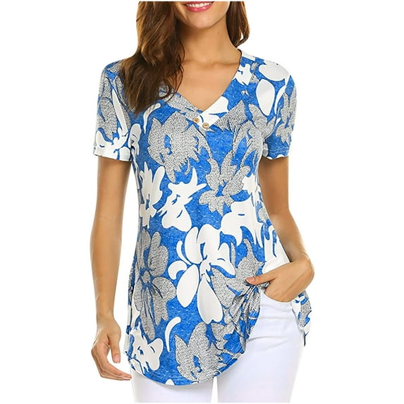 Midsumdr Womens Tops Fashion Floral Printed Casual V-Neck T-Shirt Short Sleeve Loose Blouse Tees