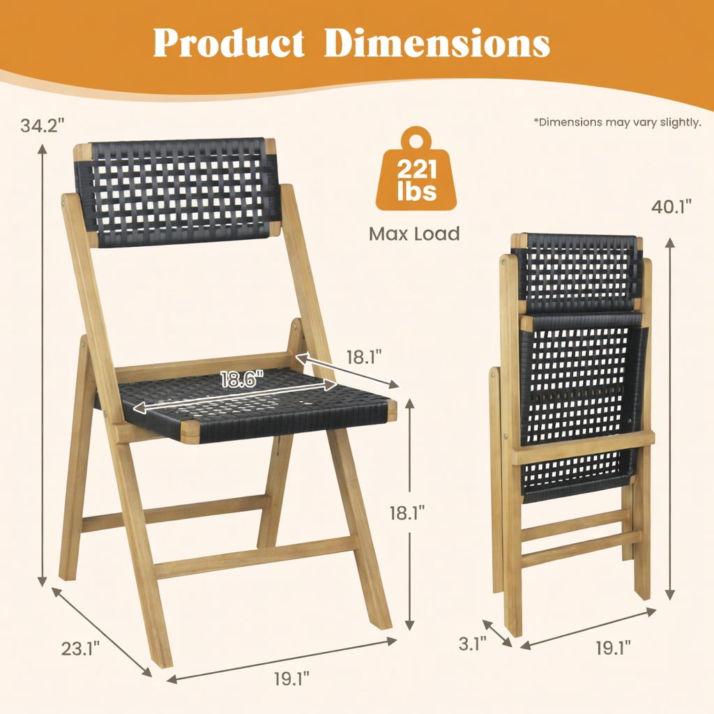 Hommoo 2-Pack Folding Teak Wood Dining Chairs with Woven Rope Seat & Back, Indoor/Outdoor Stackable Patio Chairs for Backyard, Poolside, Camping, Natural+Black