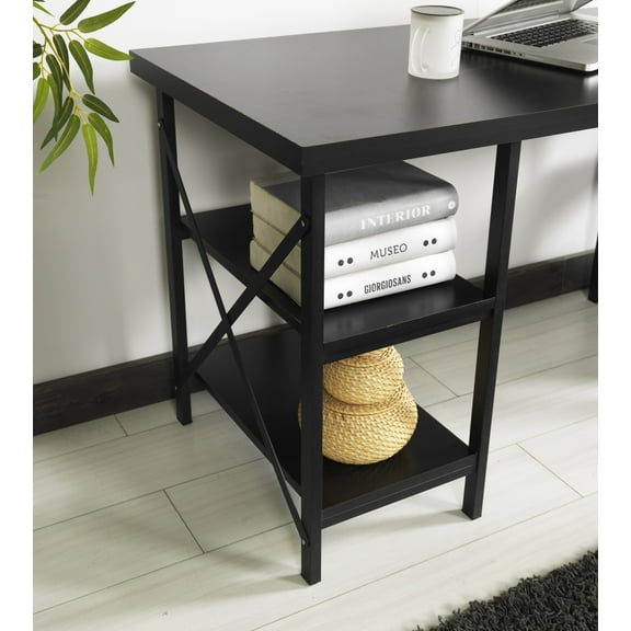 Furnish Home Store Buket Metal Frame 60" Extra Wide Wood Top 4 Shelves Writing and Computer Desk for Home Office, Black