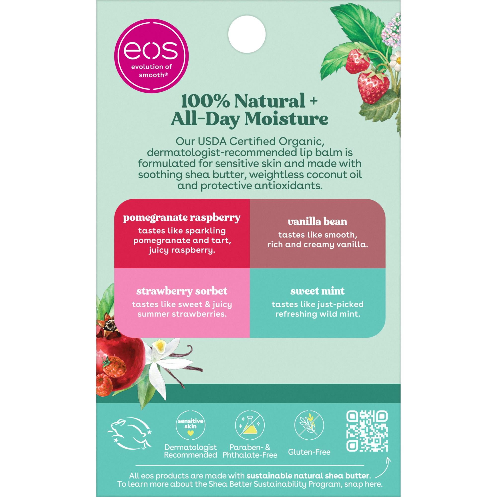 (2 pack) eos 100% Natural & Organic Lip Balm- Strawberry, Mint, Pomegranate, Vanilla, 0.14 oz, 4 Pack
