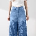 thumbnail image 5 of Women's High-Rise Jean Lace Denim Pants High Waisted Hollow Out Asymmetric Floral Patchwork Ripped Straight Leg Jeans Trouser Pants, 5 of 8