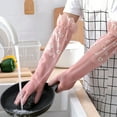 thumbnail image 5 of Long Rubber Dishwashing Gloves - Waterproof Household Kitchen Cleaning Gloves, Durable Laundry Gloves with Floral Design, 1 Pair, White/Blue/Pink, 16.53" Length, 5 of 6