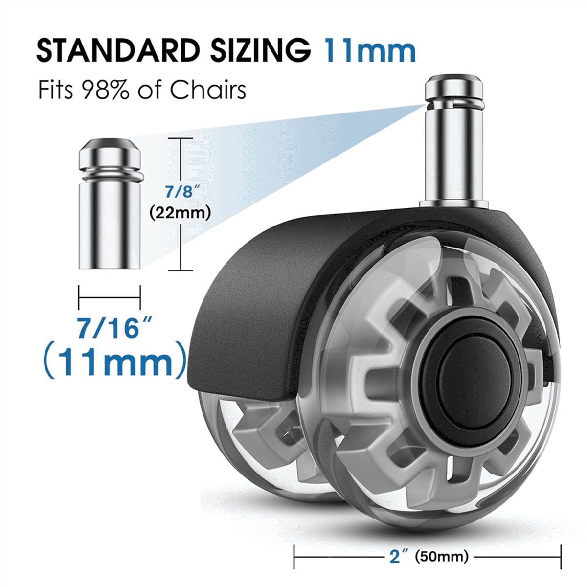 Office Chair Caster Wheels, 2 Inch Heavy Duty Replacement Wheels, Soft & Quiet Rubber for Hardwood Floors & Carpet