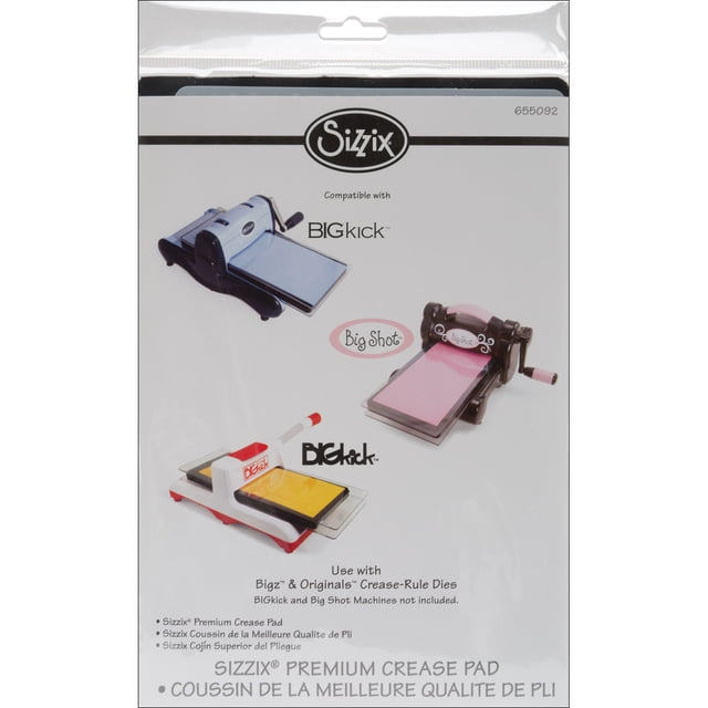 sizzix sizzix 655092 almohadilla de plegado Premium 8.875 x 6.25 x .125 pulg.; empaque frontal con logo Sizzix, ilustraciones de máquinas compatibles BigKick y Big Shot y texto que indica uso con troqueles de plegado.