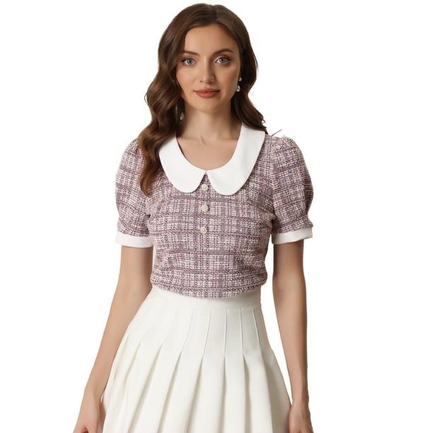 Top de tweed para blusa con cuello Peter Pan con decoración de botones para mujer rosa gris XL