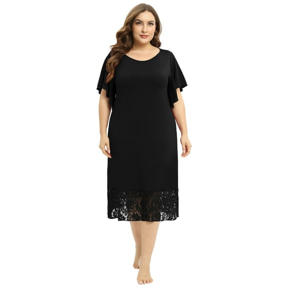 Xmarks Plus Size Nightgown Womens Soft Sleepwear Comfy Sleep Swing Dress Short Sleeve Lace Hem Nightdress Black 2XL