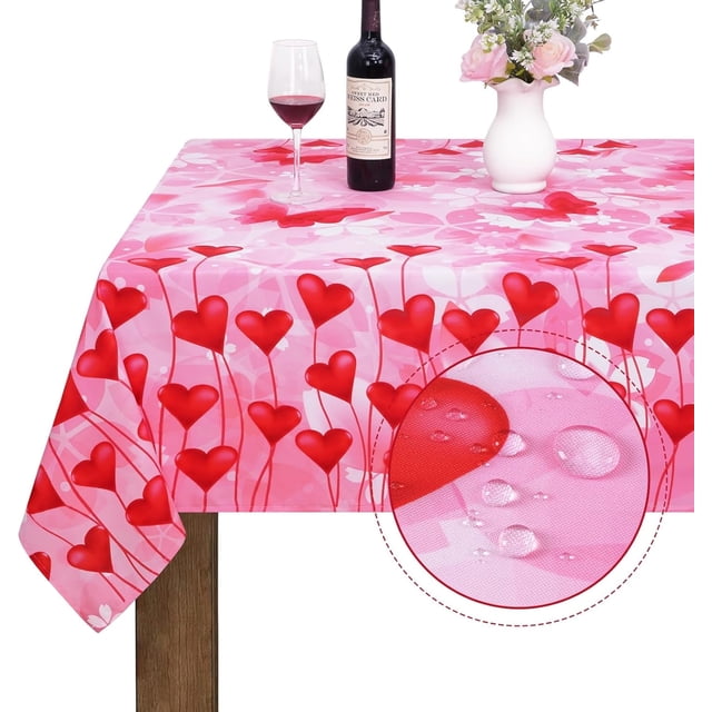 Valentine''s Day Tablecloth Rectangle 60x84 Inch, Red Love Heart Table Cloth, Romantic Butterfly Tablecloths, Polyester Waterproof Spillproof Tablecloth for Valentines Day Wedding Party Decoration