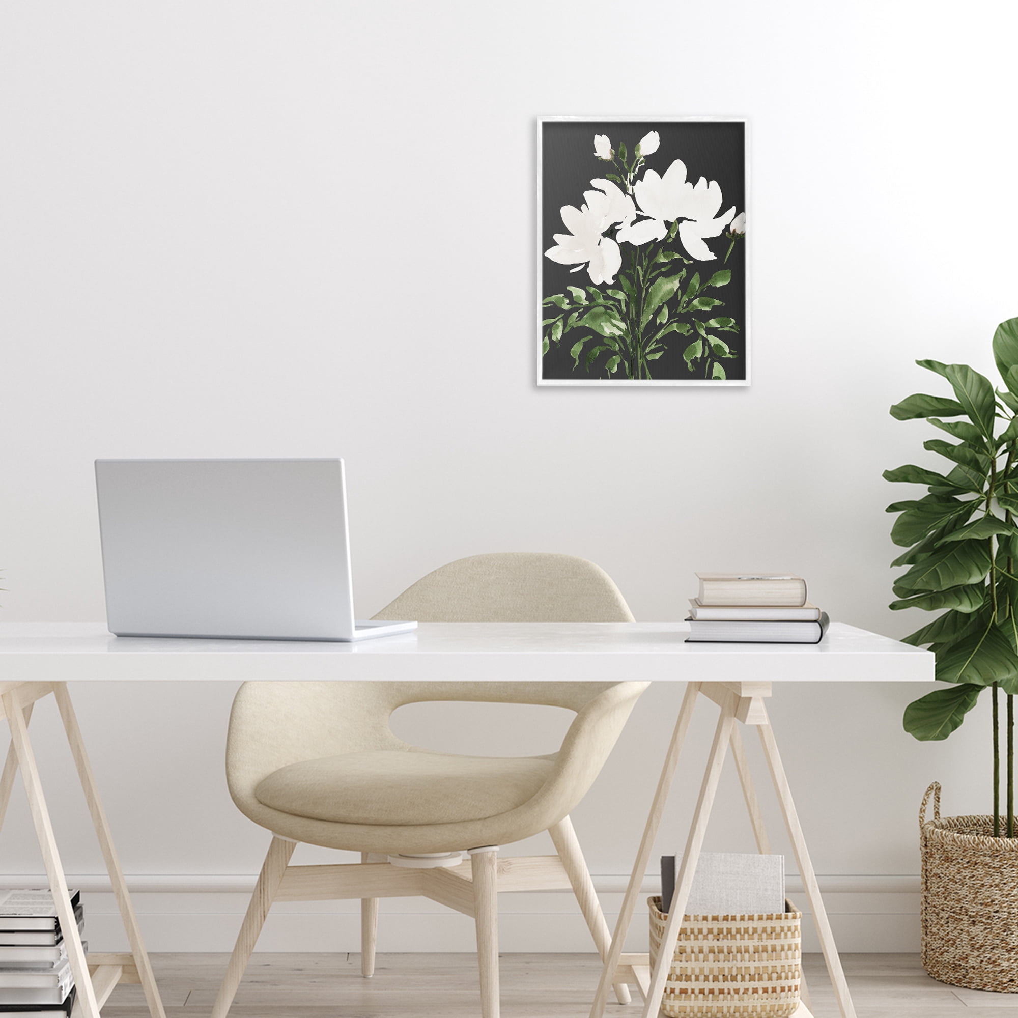 Stupell Industries White On Black Floral White Framed Giclee Art, design by Lucille Price