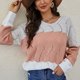 thumbnail image 4 of Suéter De Punto A Rayas Con Bloques De Color Para Mujer Suelto Casual Elegante Manga Larga Cuello Redondo Suéter Hueco Rosa S, 4 of 8