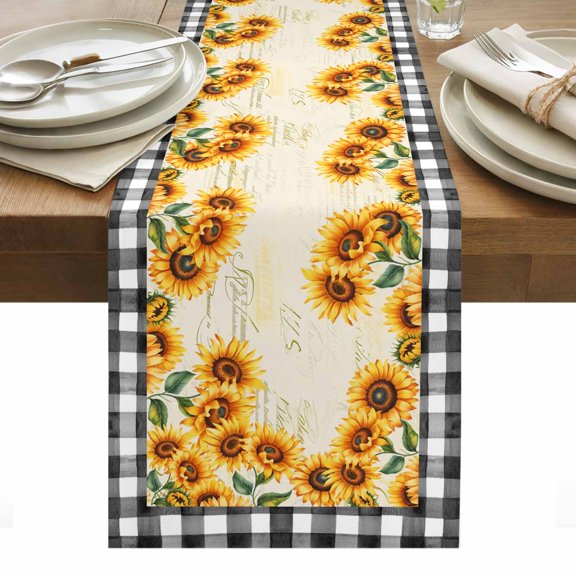 Sunflowers Table Runner - 108 Inch Long, Kitchen Dining Table Runner Dresser Scarves, Summer Country Botanical Yellow Flowers Plaid Farmhouse Decor for Coffee Tables Wedding Party Banquet