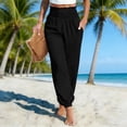thumbnail image 3 of Womens Smocked High Waisted Pants Summer Casual Loose Wide Leg Palazzo Flowy Beach Trousers with Pockets, 3 of 5