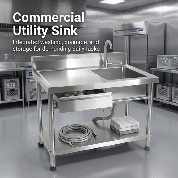 304 Stainless Steel Utility Sink, Commercial Restaurant Kitchen Sink for Restaurants Laundry Rooms Home Use, Free Standing Stainless Steel Single Bowl with Drawer Shelf Faucet