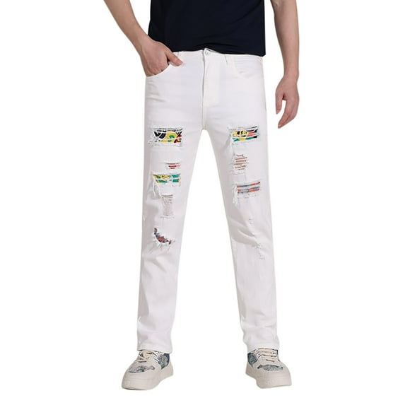 QHFBli Skinny Jeans for Men Men's Ripped Stretch Slim Fit Straight Leg Jeans Casual Denim Pants for Everyday Wear Comfortable Durable White 31