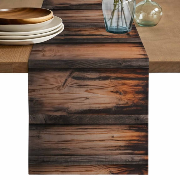 Retro Farmhouse Table Runner 90 Inches, Brown Wooden Grain Cabin Country Plank Bed Runner Dresser Scarves Tabletop for Indoor Outdoor Parties/Ceremony/Banquet, 13" x 90"