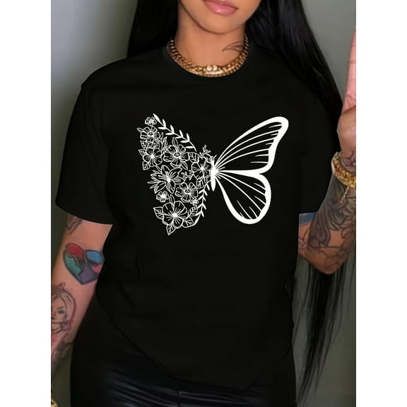 Chic Plus Size Butterfly Graphic Tee for Women - Comfy Crew Neck Short Sleeve T-shirt - Perfect for Spring Summer Ladies Top