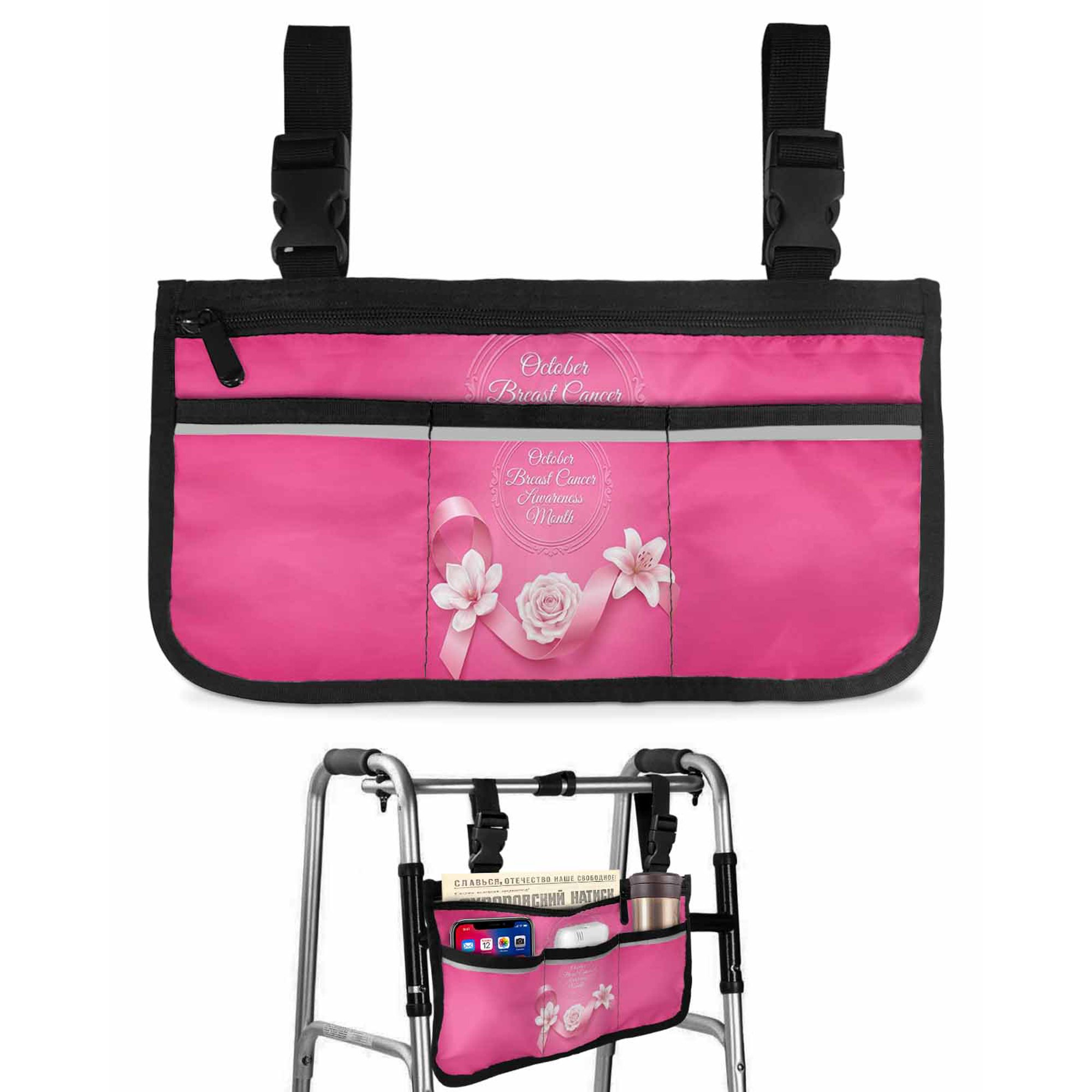 Pink Flower Wheelchair Side Bag with Cup Holder, Ribbons Caring For Breast Cancer Simple Wheelchair Armrest Bag Storage Pouch Adults, Seniors for Walkers, Rollator, Scooter