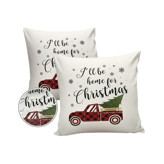 Pack of 2 Outdoor Pillow Covers, I'll Be Home for Christmas Tree Truck Snowflakes Waterproof Square Throw Pillowcase Cushion Decorative Pillow Covers for Couch Patio Tent, 20x20 in