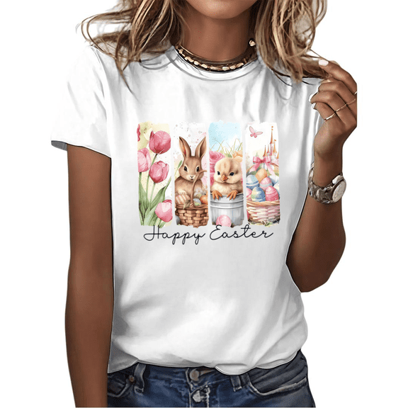 White Happy Easter Bunny Chick Tulip Eggs Castle Graphic Tees Print Tshirt Shirts Cute Spring Easter Holiday Casual Tops For Women S-5XL