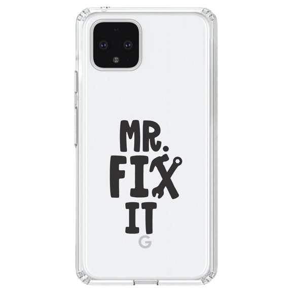 DistinctInk Clear Shockproof Hybrid Case for Google Pixel 4 (6.1" Screen) - TPU Bumper Acrylic Back Tempered Glass Screen Protector - Mr. Fix It Wrench