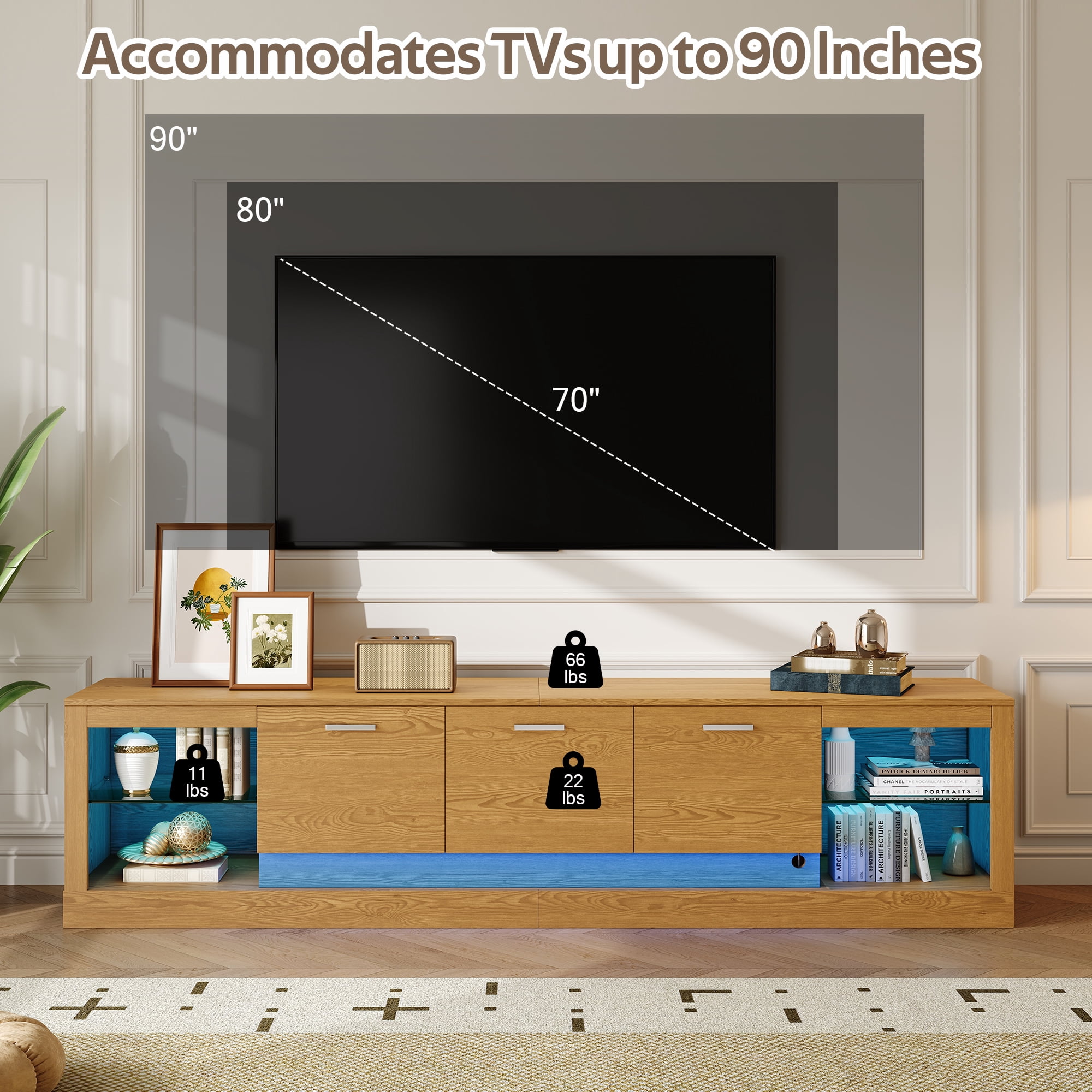 Euroco 78'' Modern TV Stand with 6 Cabinets& 2 Open Compartments, Entertainment Center for TVs up to 90'', Television Console for Living Room, Bedroom, Home Theatre