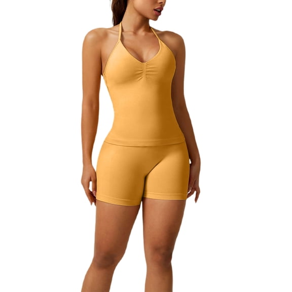 Guluxicc Workout Sets for Women Spaghetti Strap Halter V Neck One Piece Romper Tight Shaping Breathable Yoga Fitness Gym Athletic Activewear 2 Piece Sets