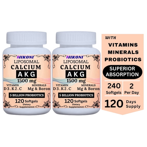 Nikoni Liposomal Calcium AKG Supplement with Probiotics, Vitamins 1500mg Healthy Aging Bone and Joint Health 240 Softgels