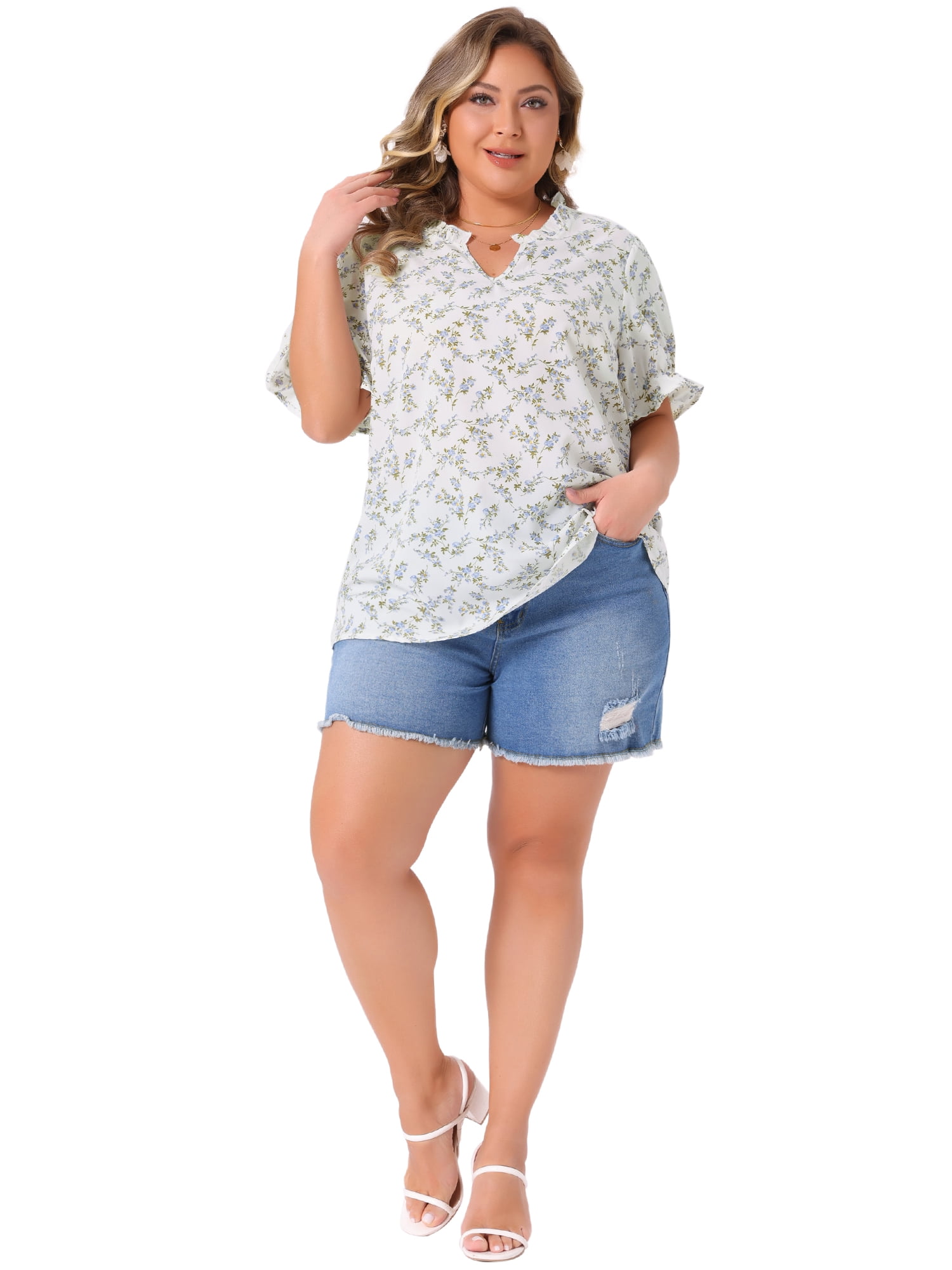 Women's Plus Summer Tops Floral V Neck Ruffle Puff Short Sleeve Casual Blouse Top 1X White