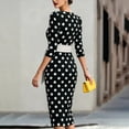 thumbnail image 4 of Women's Vintage Polka Dot Midi Dress, Crew Neck 3/4 Sleeve Self Tie Waist Slim Bodycon Knee-Length Pencil Dress Black L(L), 4 of 6