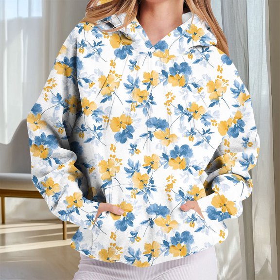 DDAPJ pyju Floral Print Hoodies for Women Pleated Front Pullover Sweatshirt Fashion Casual Hoodie Hoody Tops with Kangaroo Pocket