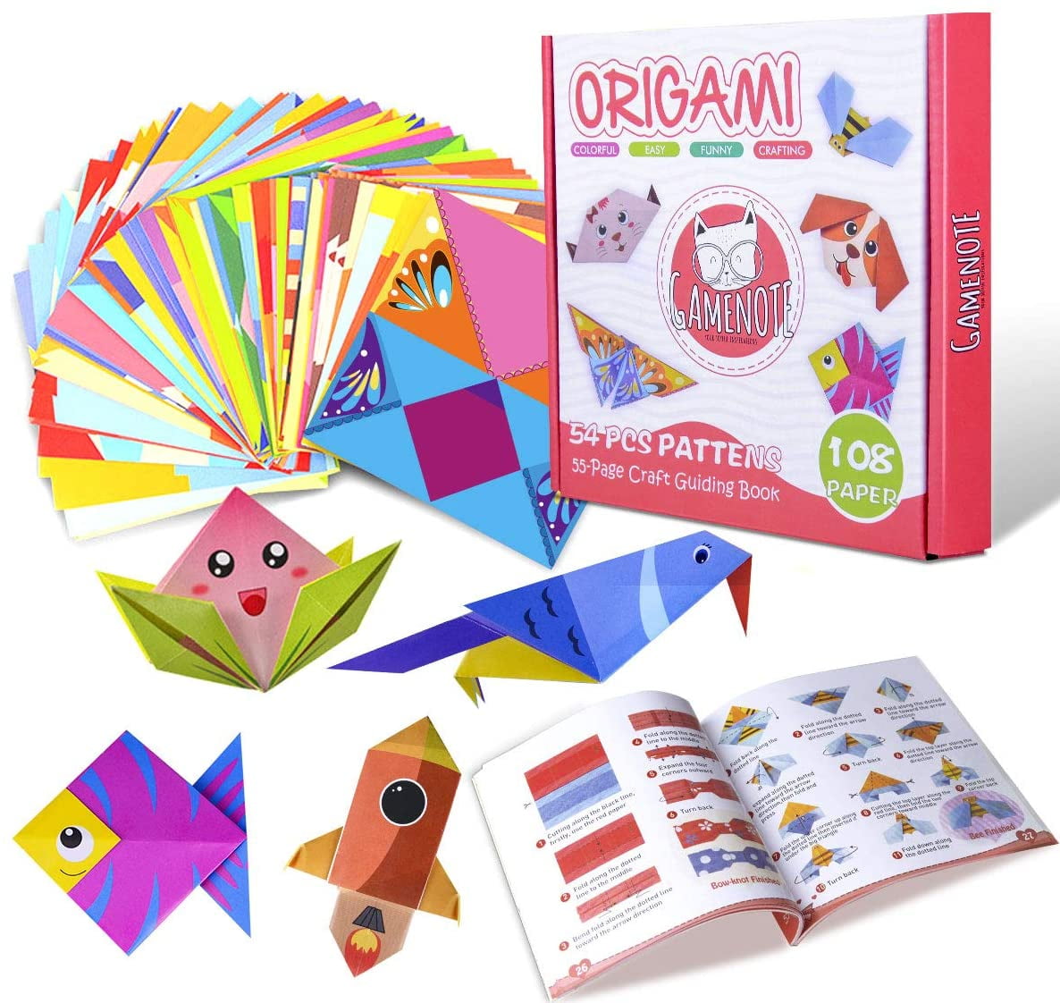 Sunerly Colourful Origami Kit with 14-Page Instructional Book 74 Double Sided Vivid Origami Papers 27 Projects Origami for Kids Beginners Trainning and School Craft Lessons