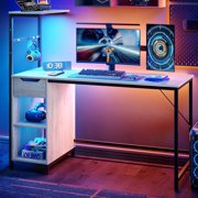 Bestier Home Office Desk Computer Gaming PC Study Table with Adjustable Shelf and LED Lights, Light Gray