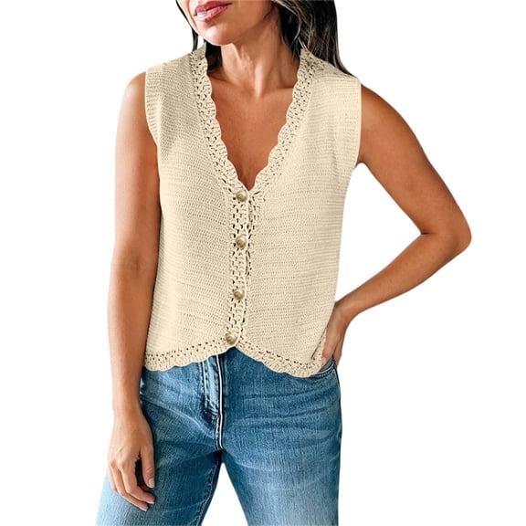 Women's Sleeveless Button Down Cropped Sweater Vest Cardigan Waistcoat, Scalloped V Neck Knit Vest for Women, Cropped Hollow Out Sweater Vest, Lightweight Textured Knit Beach Vacation Layering Beige