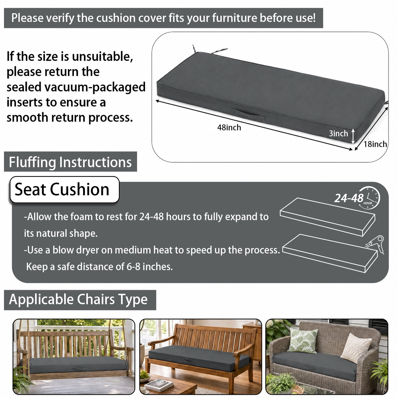 YEERSWAG 48x18x3 inch Outdoor Chair Cushions Bench Cushion Patio Chair Cushions Non Slip Removable Anti-fading Water Resistant Garden Loveseat Cushion with Handle