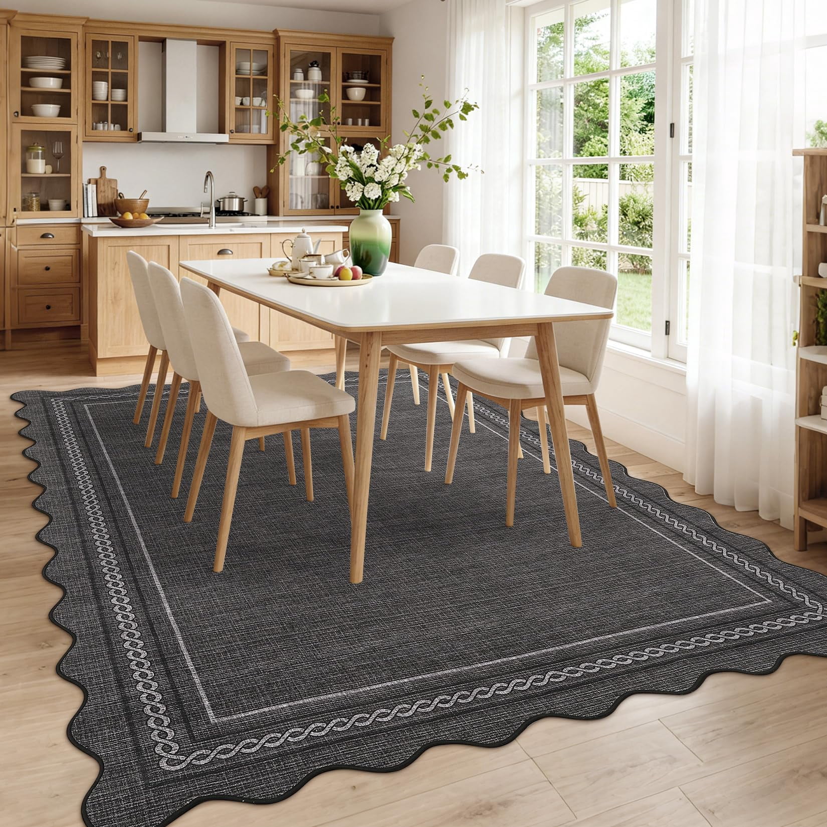 9*12FT Washable 9x12 Area Rug for Living Room Scalloped Solid Black Rug Non Slip Soft Bedroom Rugs Low Pile Foldable Large Area Rug Stain Resistant Carpet for Nursery Dining Classroom, Black Black