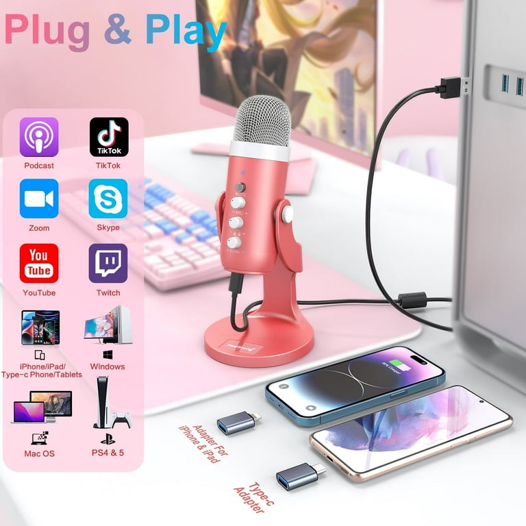 ZealSound Pink USB Gaming Microphone K66 with Quick Mute, Gain