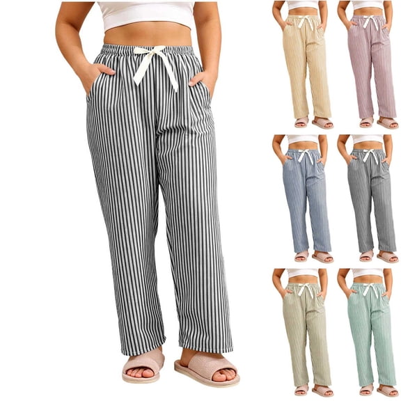 Bovxnpu Womens Pajamas Bottoms Sleep Pants Striped Textured Ruched Wide Leg Casual Long Pants Sleepwear