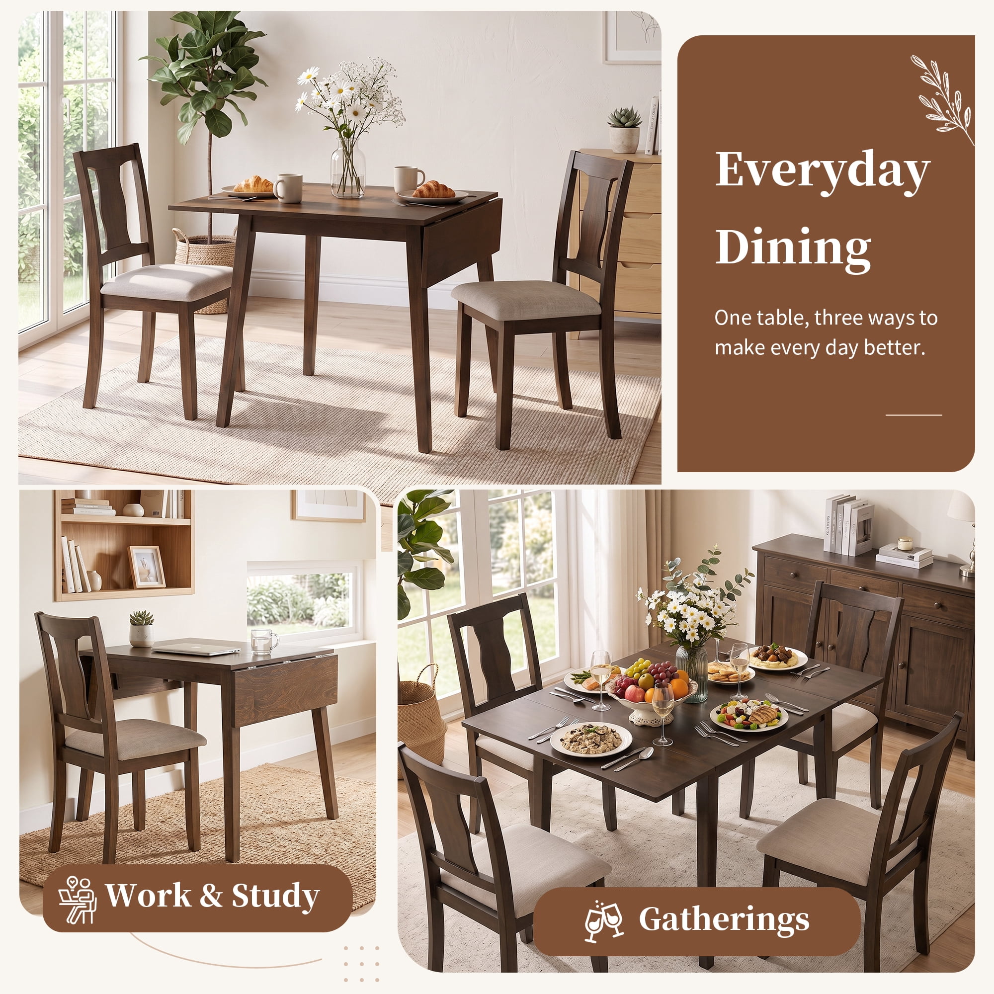 Euroco 5-Piece Dining Table Set for 4, 45.67" Extendable Kitchen Table Set with Drop Leaf and 4 Upholstered Chairs,Dining Room Set for Small Space,Brown