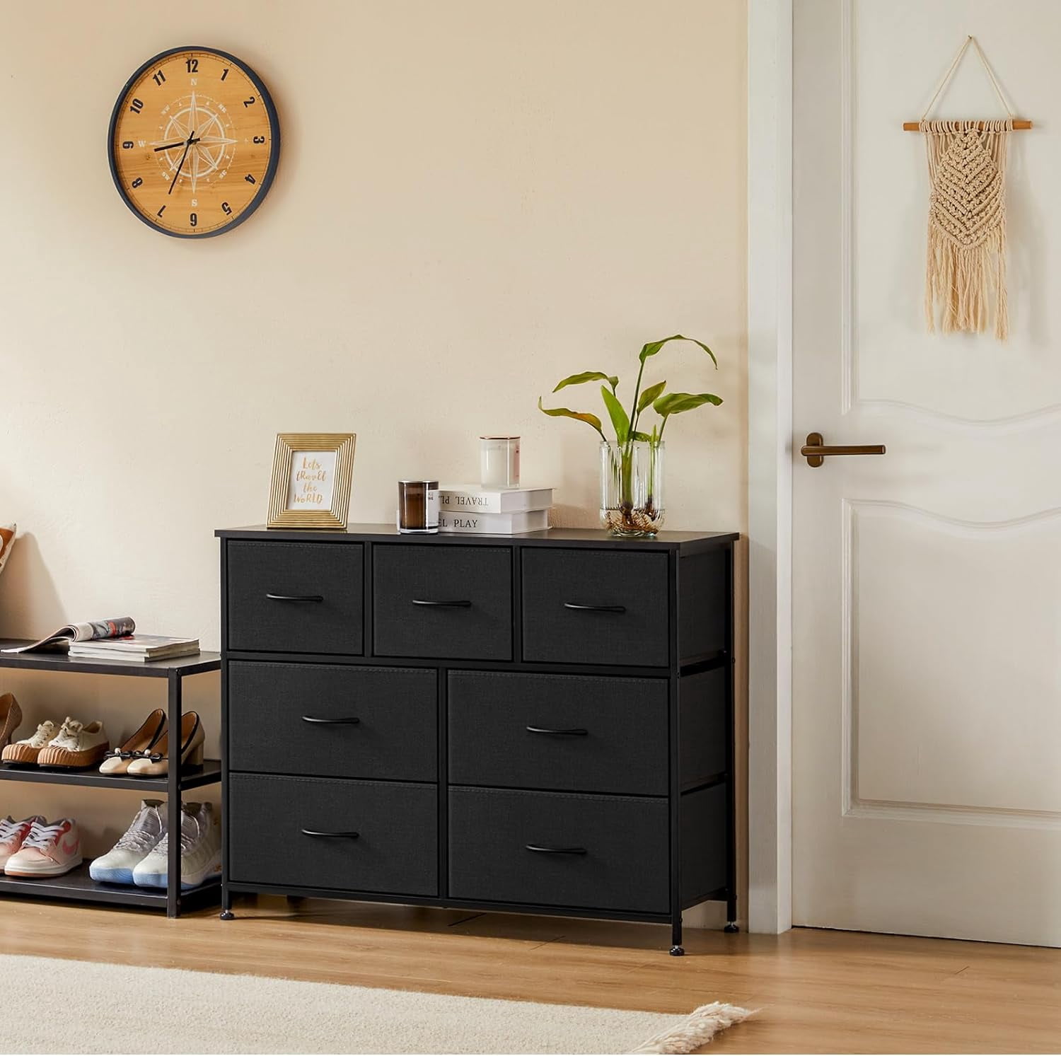 Black Dresser, Modern Simple TV Cabinet with Storage Drawers, Fabric TV Console, Media Gaming Stand for Living Room, Bedroom