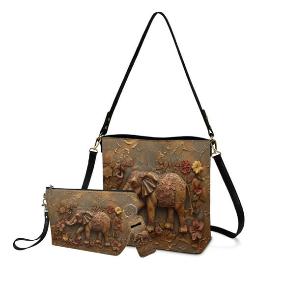 ZUXONGSY Leather Elephant Daisy Flower Print Top-Handle Handbags with Portable Makeup Bag and Keychain Holder for Women Crossbody Handbag Set with Cosmetic Pouch Purse Chapstick Pouch