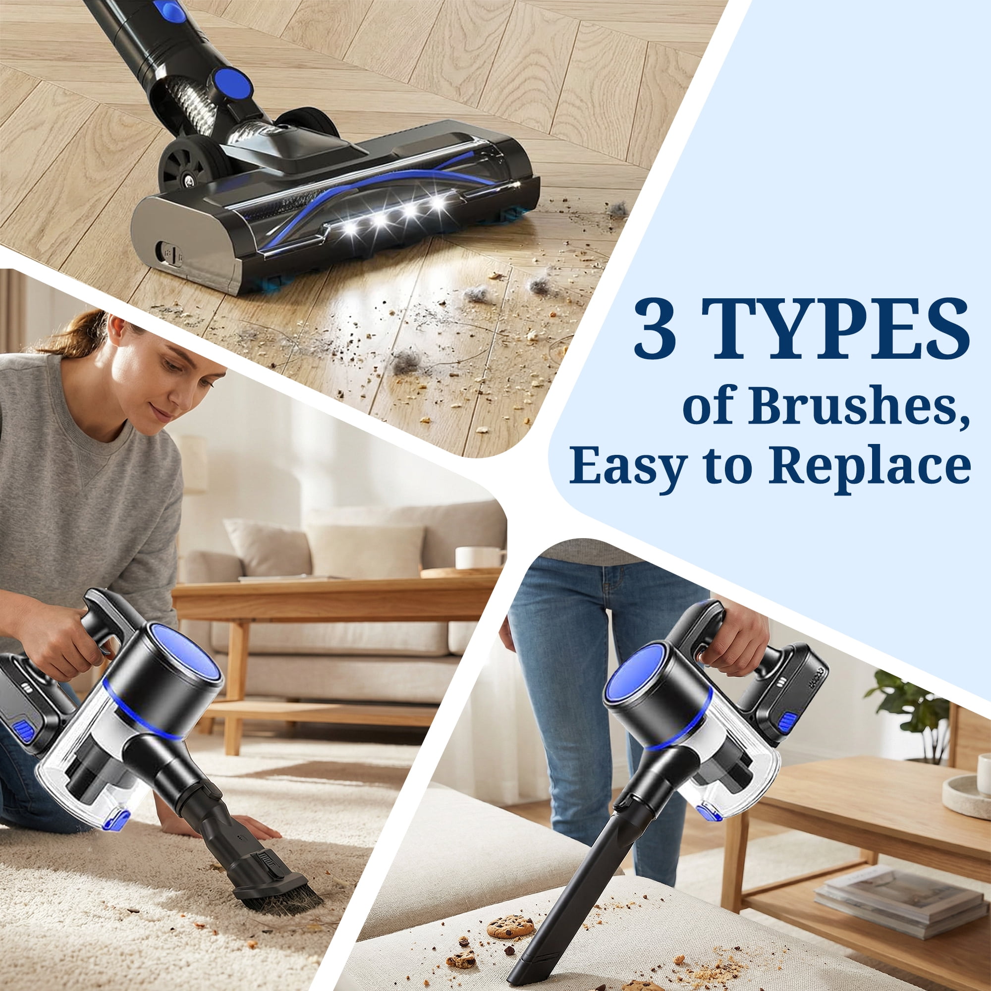 Atilioo Cordless Vacuum Cleaner for Home, Removable Handheld Lightweight Stick Vacuum with LED Headlights for Pet Hair, Hard Floor, Carpet, Blue