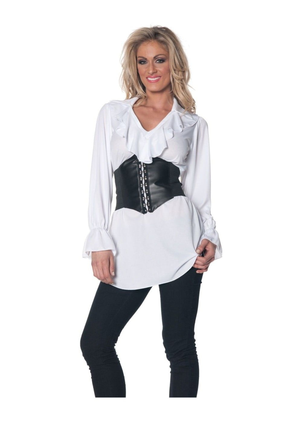 Pirate Woman Costume 4 Pc Blk/Wht High-Low Skirt Blouse Corset & Wig LG/XL