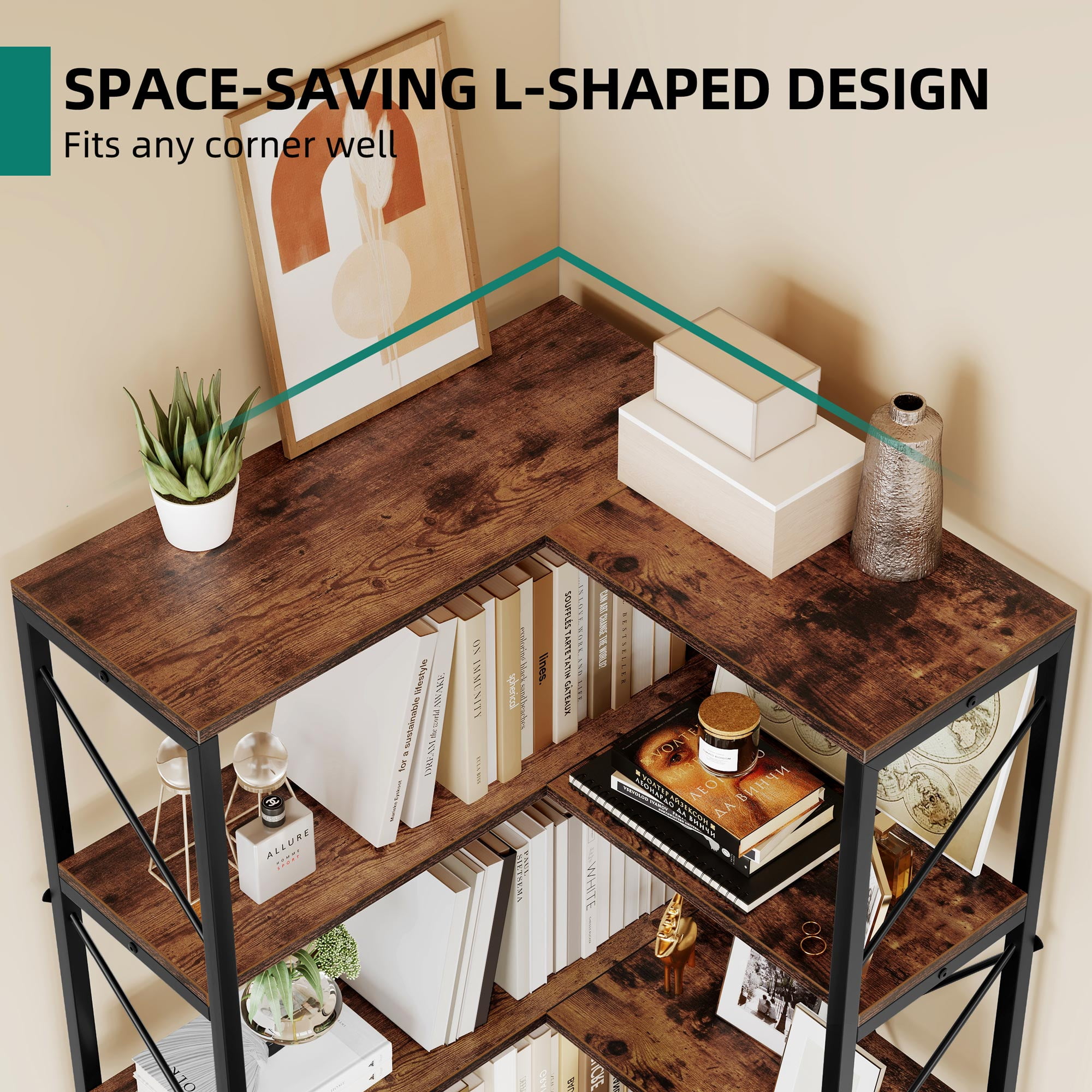 Dextrus 5-Tier L-Shaped Bookcase Storage Organizer, Tall Corner Bookshelf Open Display Freestanding Storage, Brown