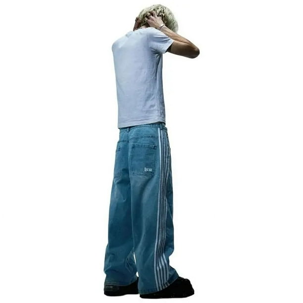 Classic Side Stripe Baggy Jeans Y2k High Waisted Wash Blue Women