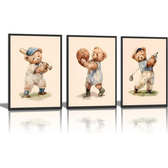Teddy Bear Sports Nursery Animal Wall Hieng Cute Woodland Rugby Wall Decor Pictures Vintage Basketball Baseball Kids Room Canvas Poster Prints for Boys Room Bedroom Decorations