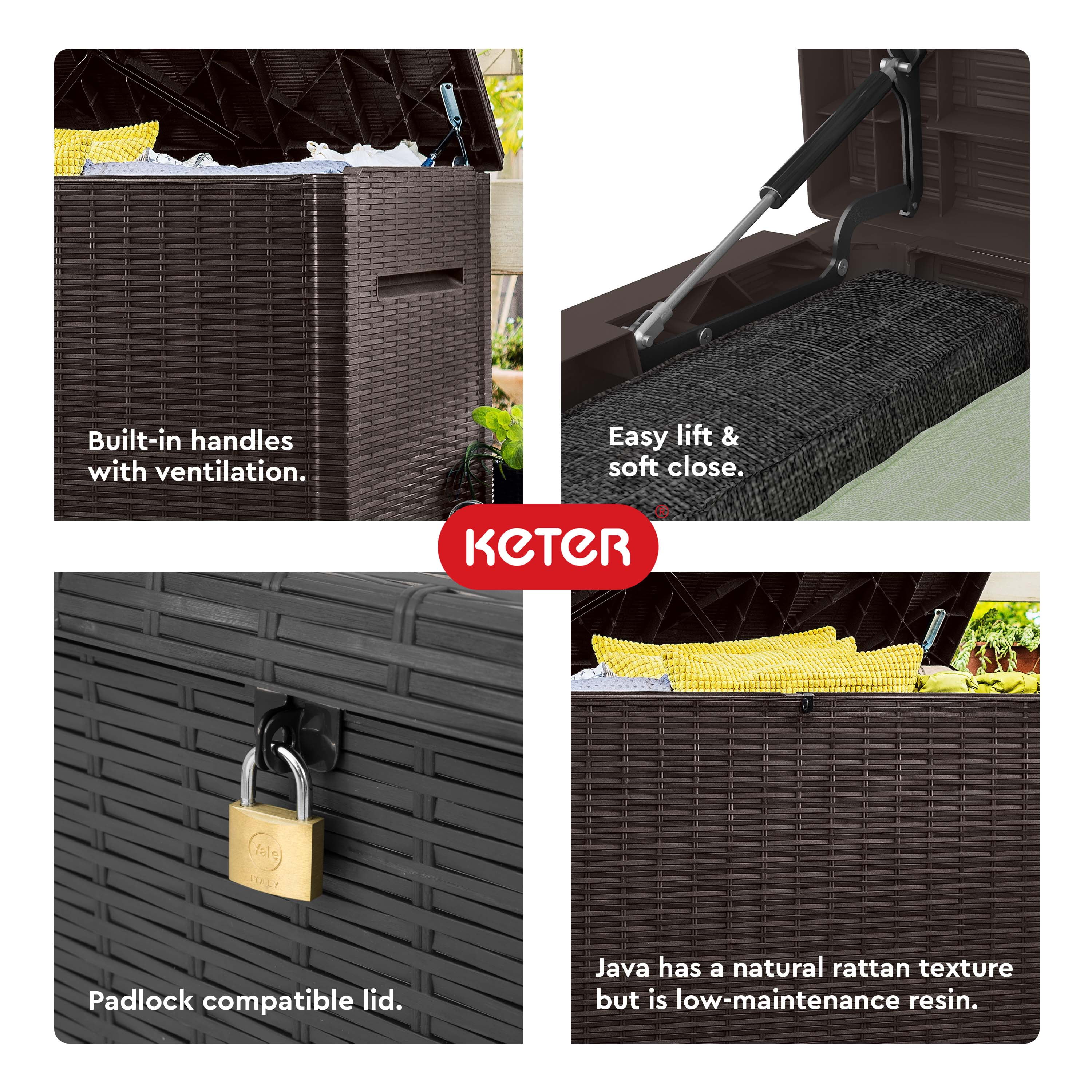 Keter Java 230 Gallon XL Durable Resin Outdoor Deck Box Storage Organization, Wicker Espresso Brown