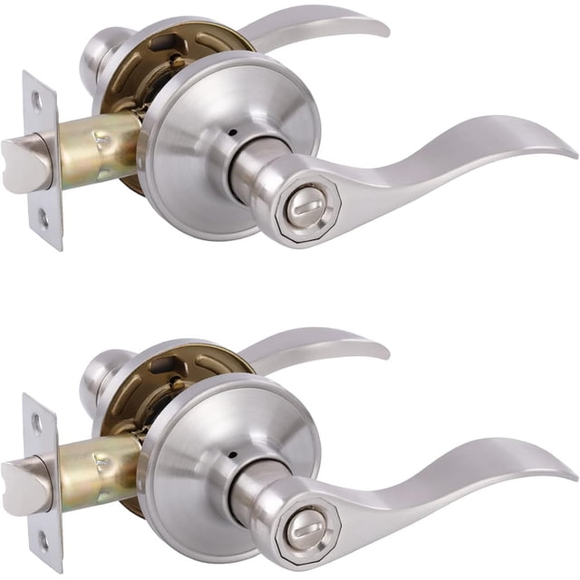 Door Levers Interior Keyed Difference Entry Front/Bedroom Wave Style Door Handles for Left and Right Opened Door with Lock and Keys Set in Satin Nickel
