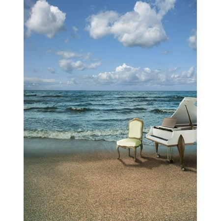Image of ABPHOTO Polyester 5x7ft Sea Beach Piano Photography Backdrops Photo Props Studio Background