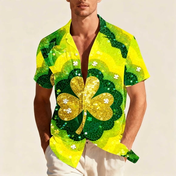 NTACZA Chemises à Boutons pour Hommes à Manches Courtes T-Shirts de la Saint-Patrick Chemise de Plage Extensible Trèfle Clover T-Shirts pour Hommes m