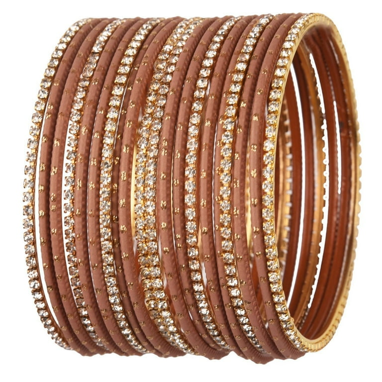 Efulgenz Indian Bangle Set Rhinestone CZ Plain Metal Bracelet Bangle Jewellery for Women 20 Pcs Size 2.8 Brown Color