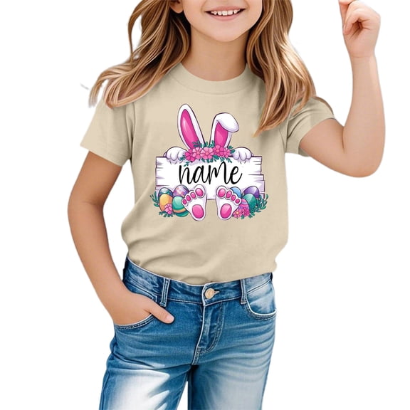 MUXiin Girls Easter Shirt Size 10 Cartoon Rabbit Short Sleeve Tee for Toddler Loose Happy Easter Funny Tees Tee for Toddler & Kids Easter Gifts for Kids(Beige,10-11 Years)